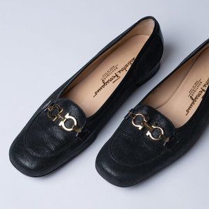 Salvatore Ferragamo Black Leather Low Shoes Sz 10 2A Narrow Signature